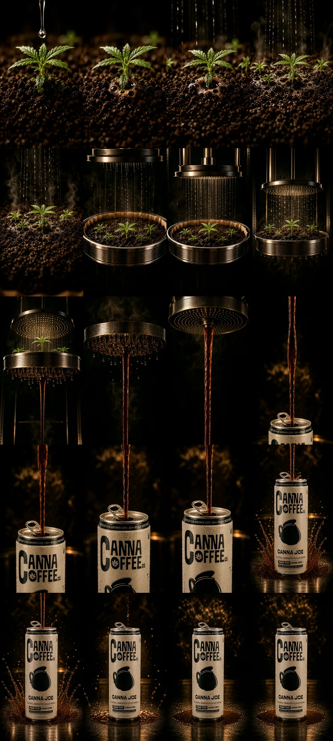 Contact sheet of frames from the Canna Coffee commercial