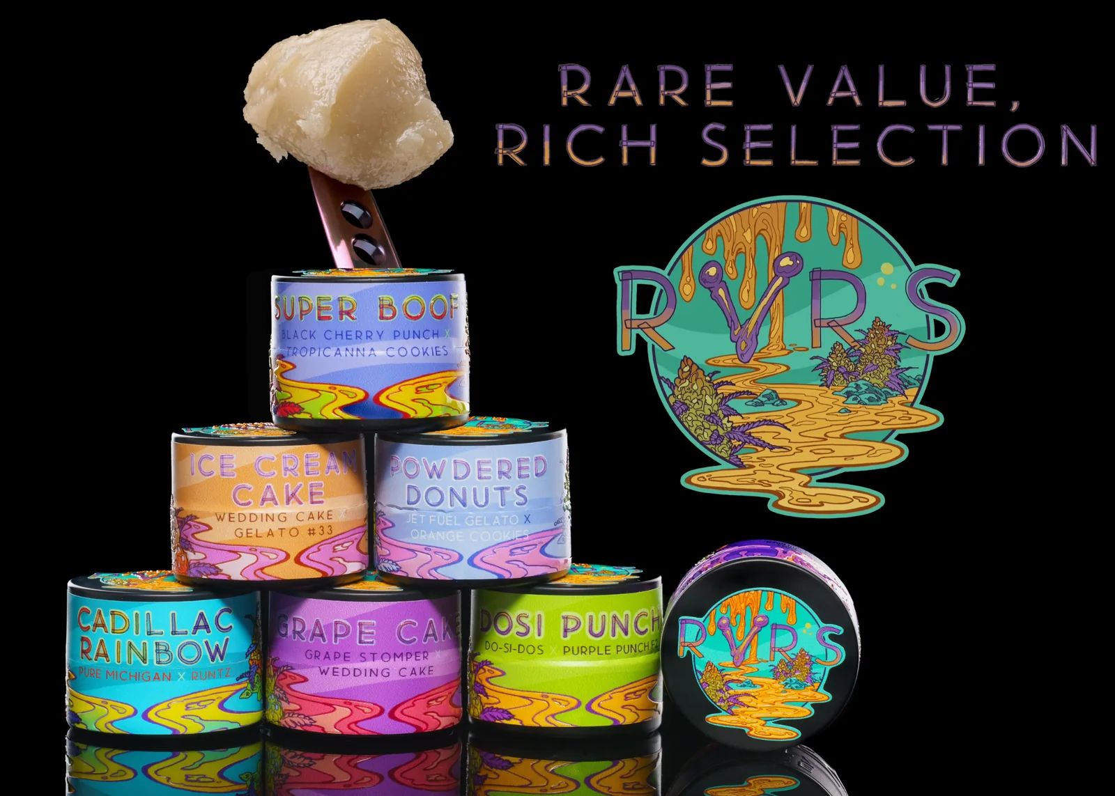 RVRS rosin jars stacked in a pyramid with a dab of rosin on a tool and the line Rare value, rich selection